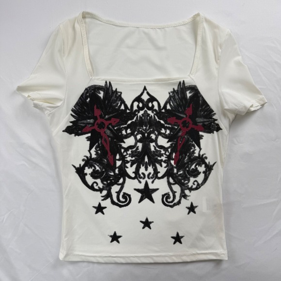 Too Fast Tops - Women White‎ Ribbed Gothic Graphic Square Neck Short Sleeve Top Size M Mall Y2K